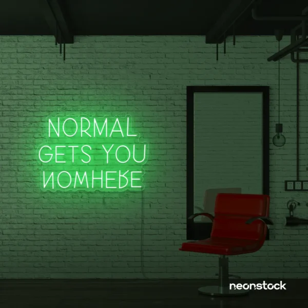 Normal Gets You Nowhere neon sign in green for bold interiors, creative offices, and motivational decor.