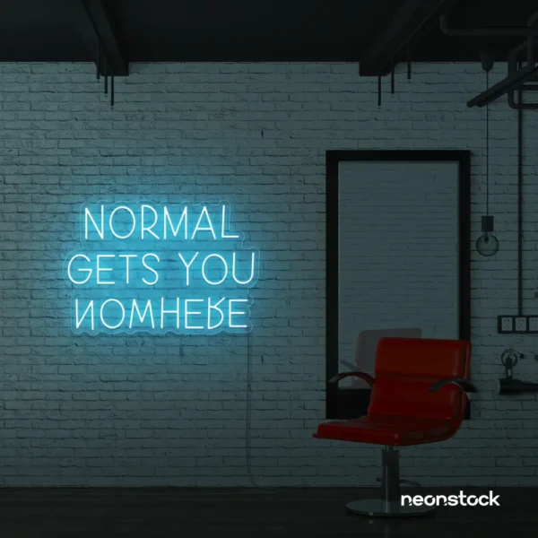 Normal Gets You Nowhere neon sign in ice blue for bold interiors, creative offices, and motivational decor.