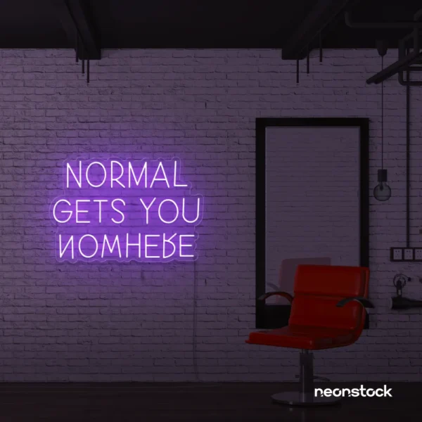 Normal Gets You Nowhere neon sign in purple for bold interiors, creative offices, and motivational decor.