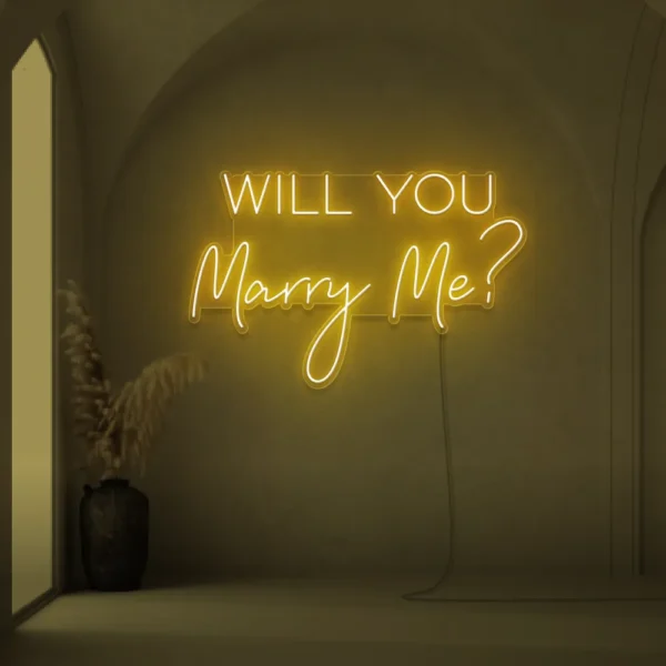 Will You Marry Me neon sign in golden yellow for proposal and engagement party decor