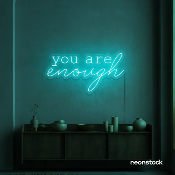 You Are Enough neon sign in mint green for self-love decor, therapy rooms, and calm spaces.