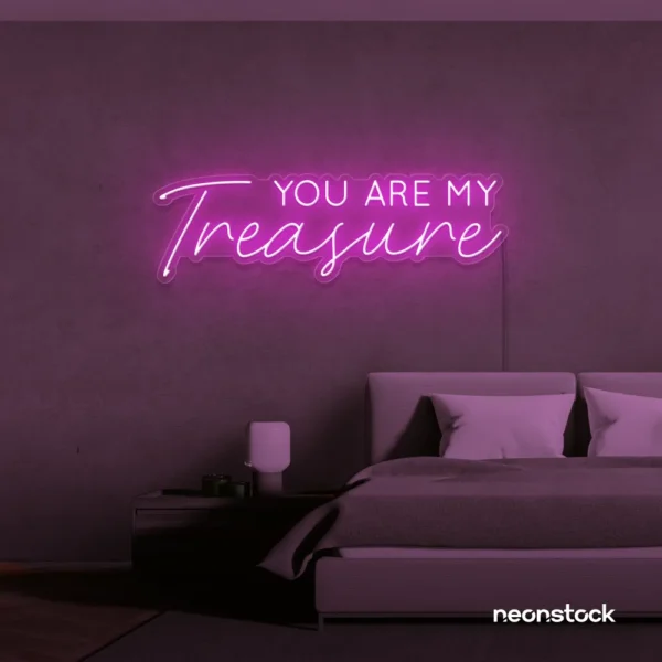 You Are My Treasure neon sign in pink for romantic decor, bedroom walls, and love-filled spaces.