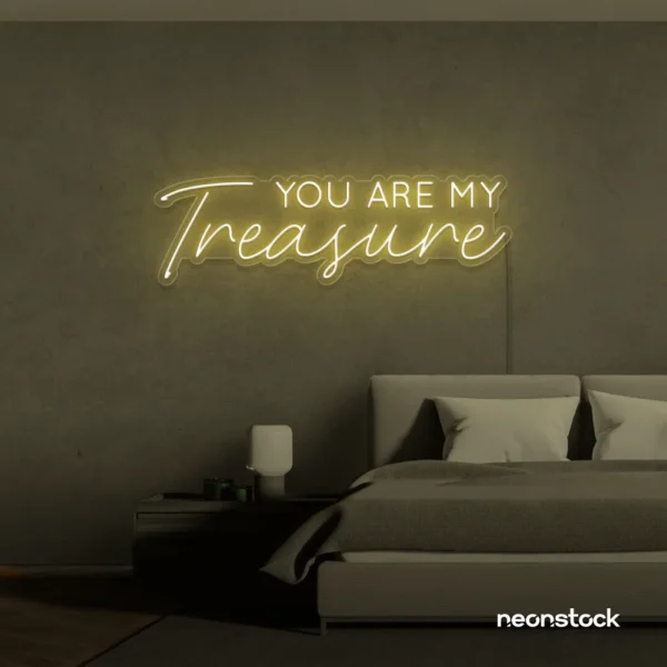 You Are My Treasure neon sign in warm white for romantic decor, bedroom walls, and love-filled spaces.